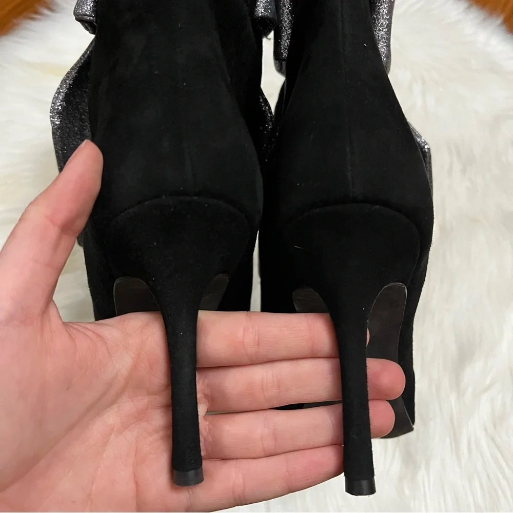 $890 | Domenico Vacca Black Suede Stiletto Glitter Bow Heel Boots sz. 10